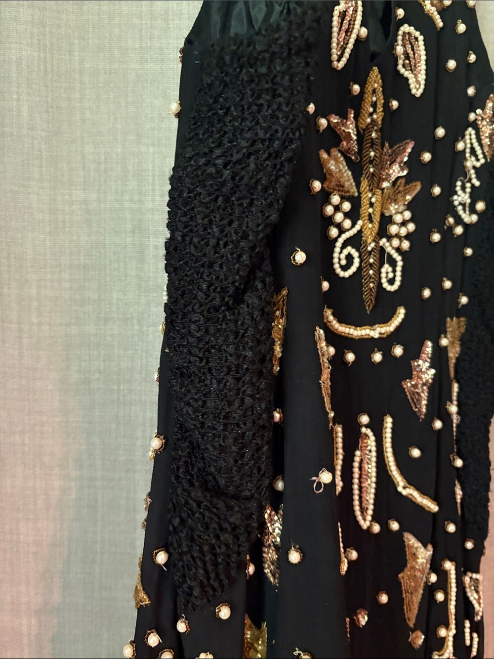 Vintage Black Mini Dress with Gold and Pearl Embellishment - Picture 3 of 12